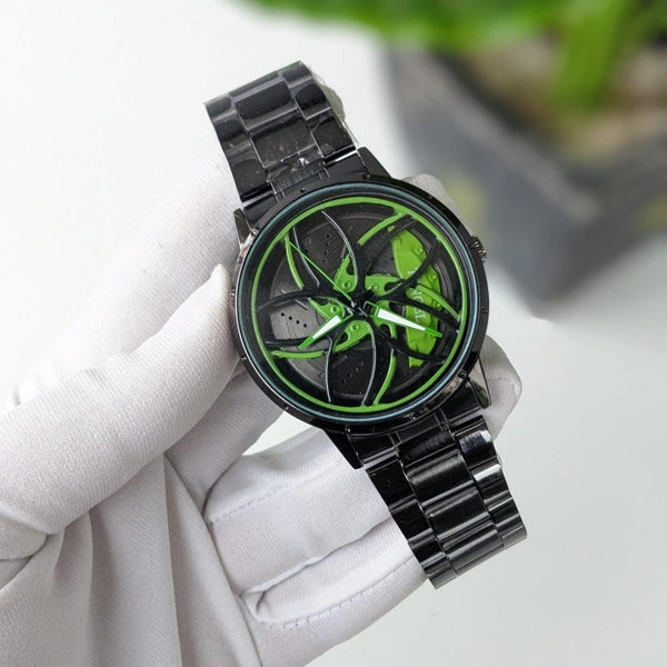 Stainless Steel Mens Wristwatch with Spinning Car Rim Hub Design
